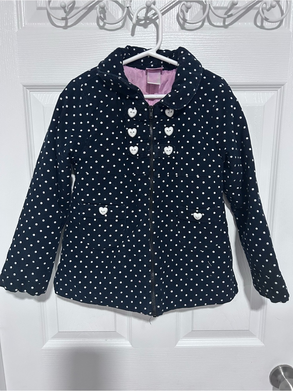 Nannette Girls Navy Polka Dot Corduroy Coat Heart Buttons. 100% Cotton Size 6X